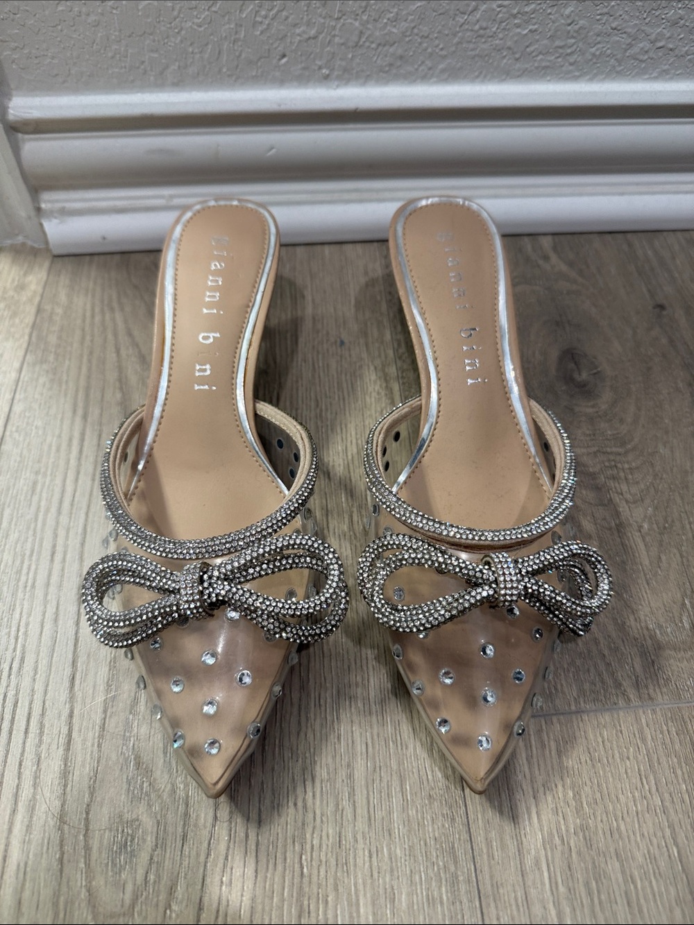 Gianni Bini Nude Clear Pointed-Toe Mules with Rhinestone Bow